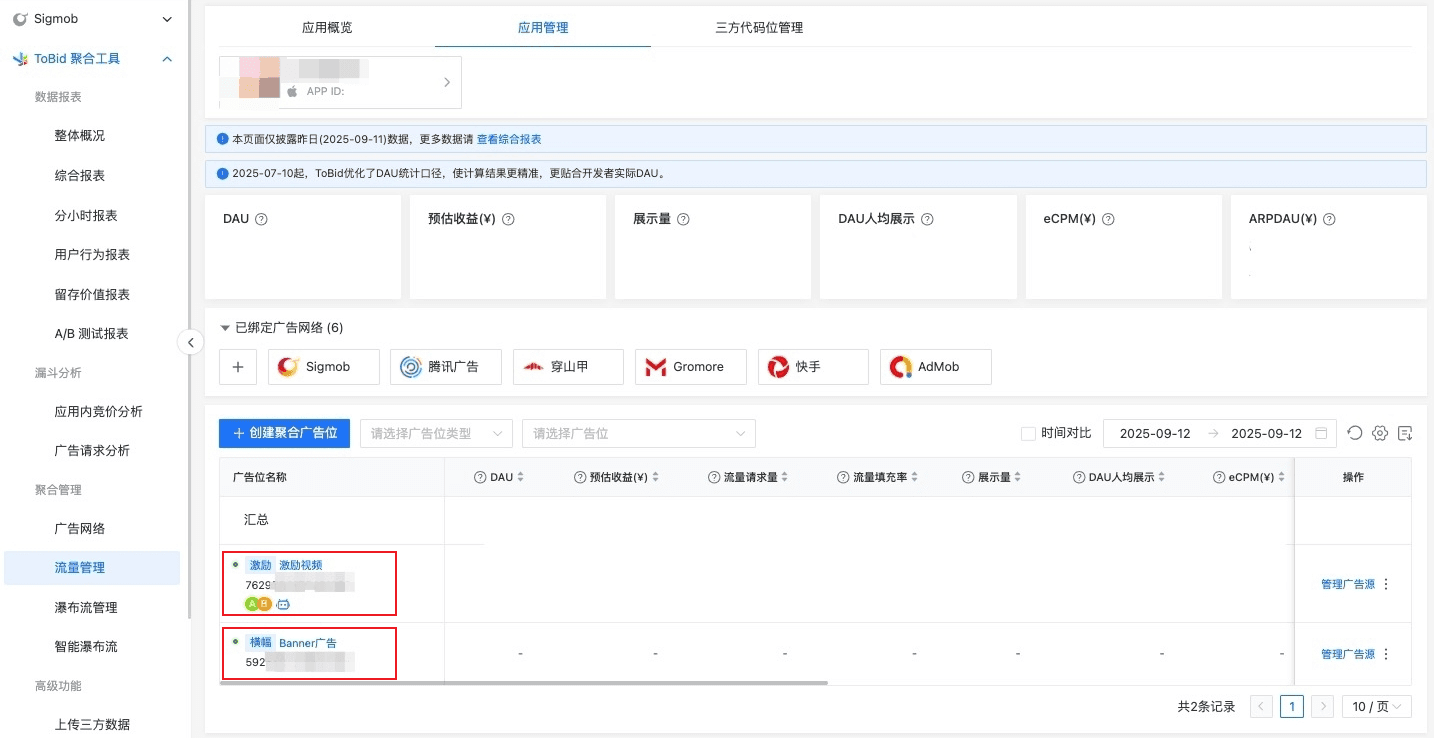 Tobid 流量管理中查看广告位 ID 的位置