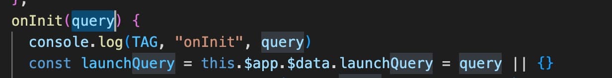 快应用 onInit 中读取 query 并保存为 launchQuery 的代码示例