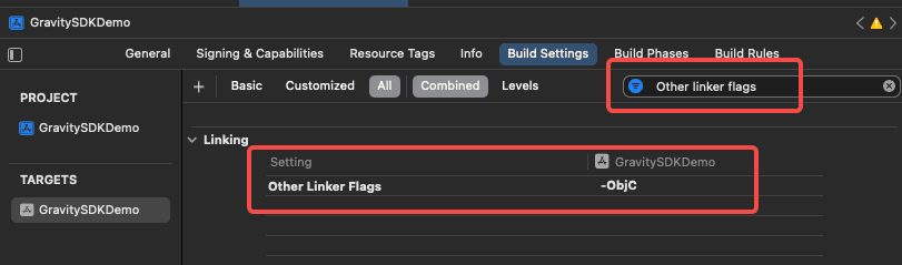 Xcode Build Settings 中 Other Linker Flags 添加 -ObjC 的配置位置