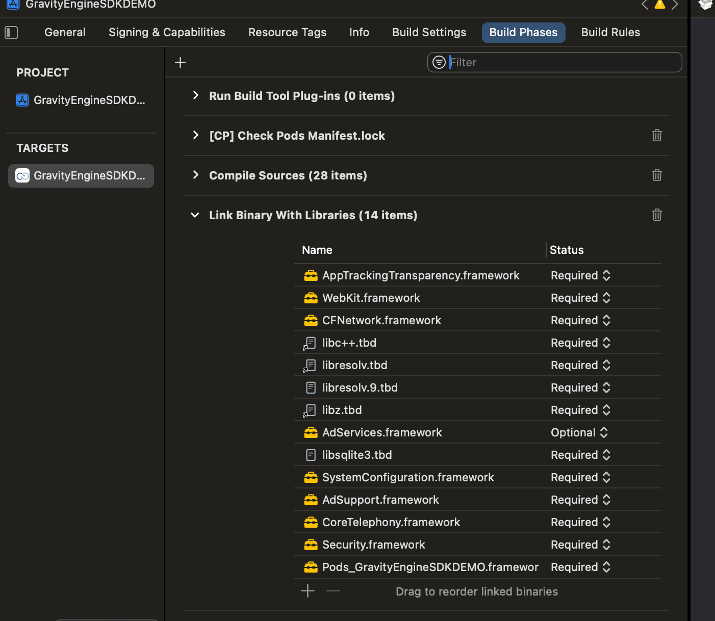 Xcode Build Phases 中 Link Binary With Libraries 的 SDK 依赖列表