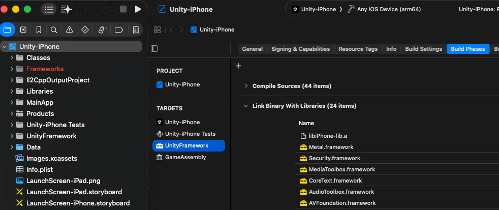 Xcode 中 UnityFramework 目标的 Link Binary With Libraries 依赖配置